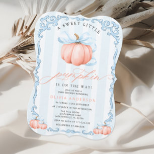 A Little Pumpkin Blue Bow Fall Boy Baby Shower Invitation