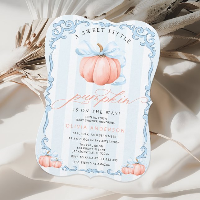 A Little Pumpkin Blue Bow Fall Boy Baby Shower Invitation (Creator Uploaded)