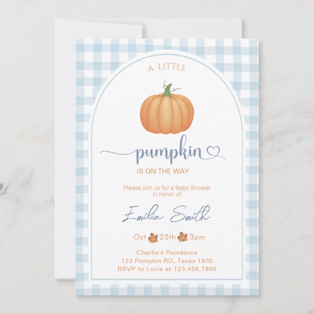 A Little Pumpkin Blue Gingham Autumn Baby Shower Invitation (Front)