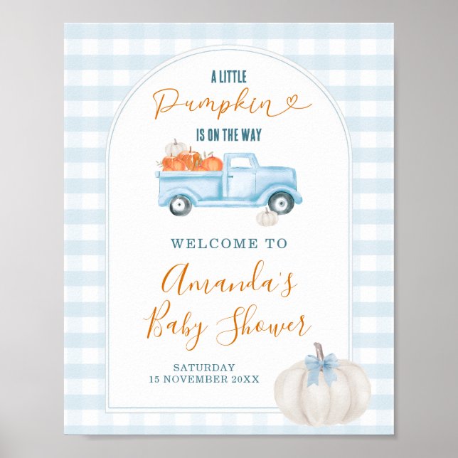 A Little Pumpkin Blue Truck Baby Shower Welcome Poster (Front)