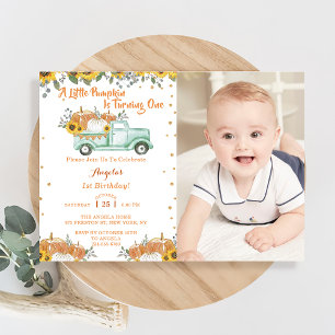 A Little Pumpkin Blue Truck First Birthday  Invitation