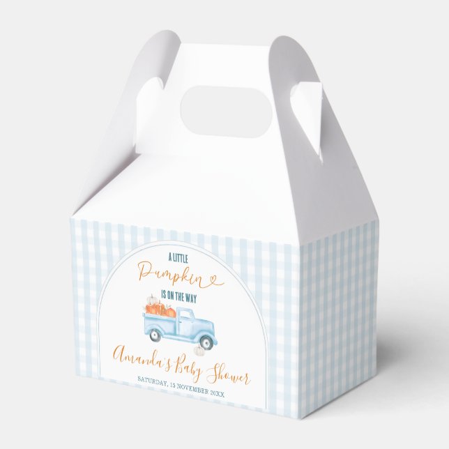 A Little Pumpkin Blue Truck Gingham Baby Shower Favour Box (Front Side)