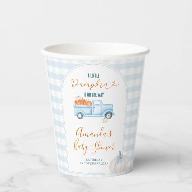 A Little Pumpkin Blue Truck Gingham Baby Shower Paper Cups (Front)