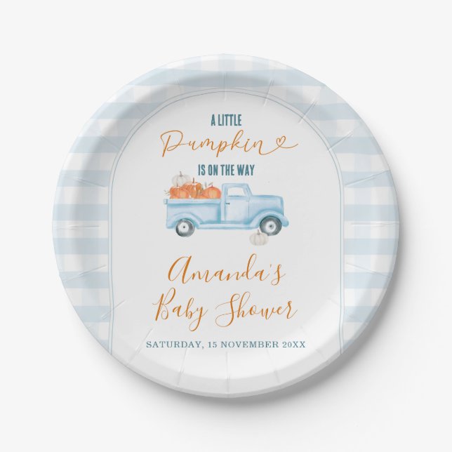 A Little Pumpkin Blue Truck Gingham Baby Shower Paper Plate (Front)