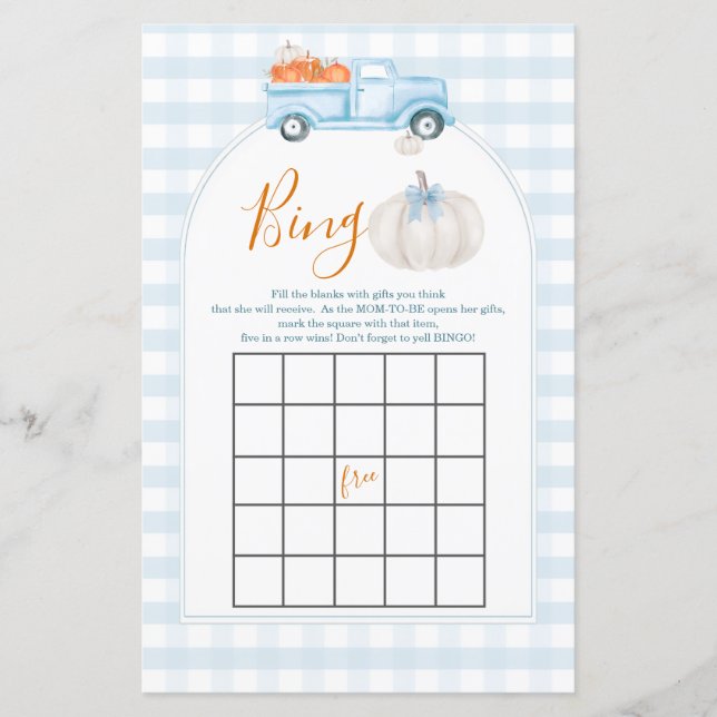 A Little Pumpkin Blue Truck Gingham Bingo Game (Front)