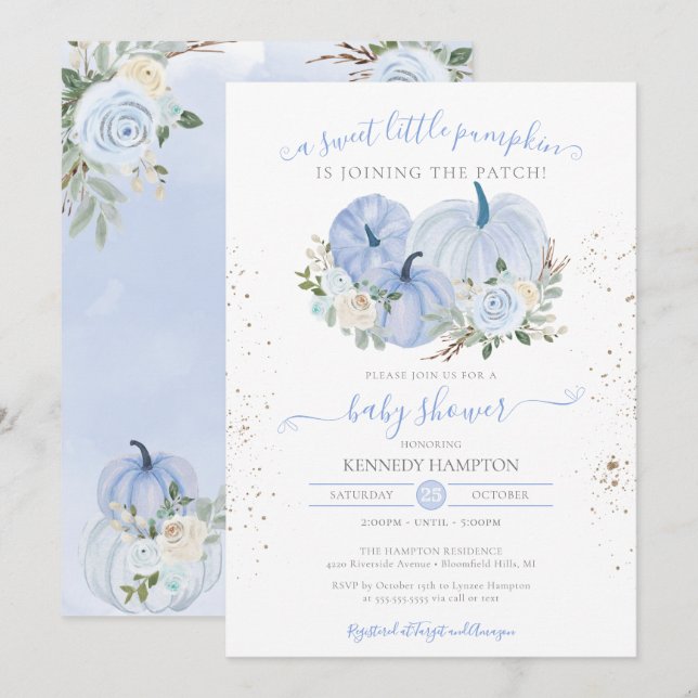 A Little Pumpkin Blue White Boy Girl Baby Shower Invitation (Front/Back)