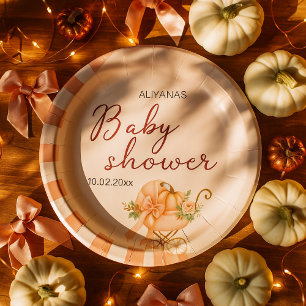 A little Pumpkin Bow Pink Baby Shower Watercolor Paper Plate