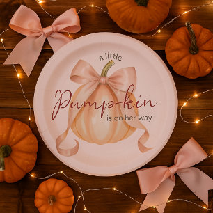 A little Pumpkin Bow Pink Baby Shower Watercolor Paper Plate