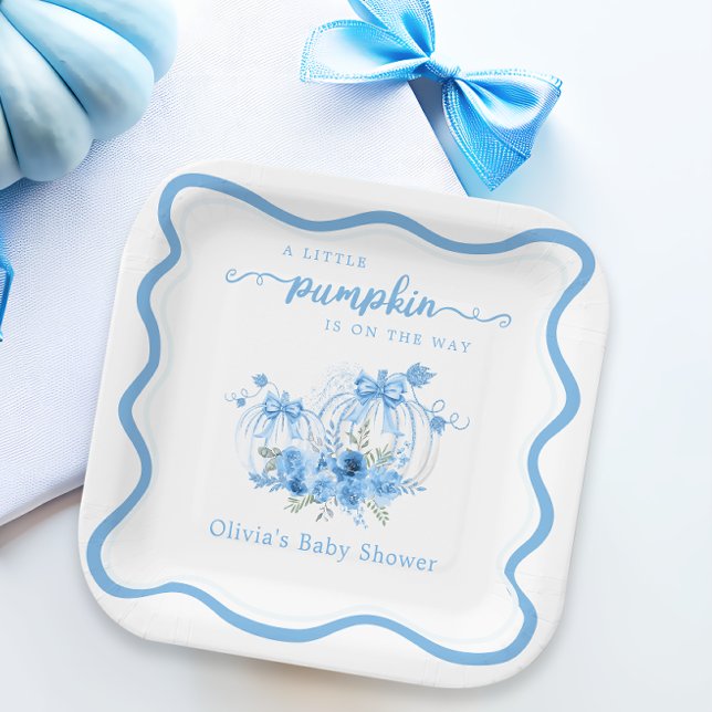 A Little Pumpkin Bow Wave Frame Baby Shower Paper Plate (Creator Uploaded)