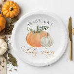 A Little Pumpkin Fall Autumn Baby Shower  Paper Plate<br><div class="desc">Celebrate the arrival of your little pumpkin with this charming gender-neutral fall baby shower paper plates. Perfect for couples who want to share the joy of their new addition with family and friends. The sticker features a watercolor design with greenery and autumn leaves, and cute little pumpkins to announce that...</div>