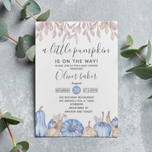 A Little Pumpkin Fall Autumn Blue Baby Shower Invitation