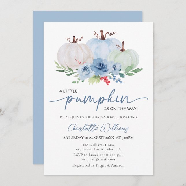 A Little Pumpkin Fall Autumn Blue Boy Baby Shower Invitation (Front/Back)