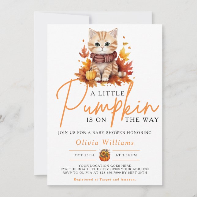 A Little Pumpkin Fall Autumn Cat Baby Shower Invitation (Front)