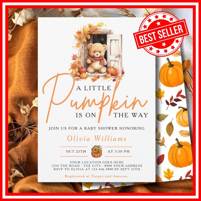 A Little Pumpkin Fall Autumn CUTE BEAR Baby Shower Invitation (A Little Pumpkin is on the Way Fall Autumn CUTE BEAR Baby Shower Invitation)
