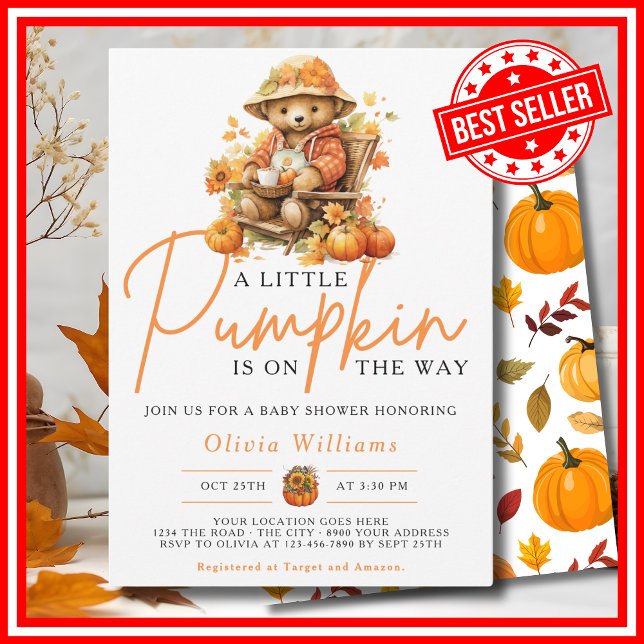 A Little Pumpkin Fall Autumn CUTE BEAR Baby Shower Invitation (A Little Pumpkin is on the Way Fall Autumn CUTE BEAR Baby Shower Invitation)