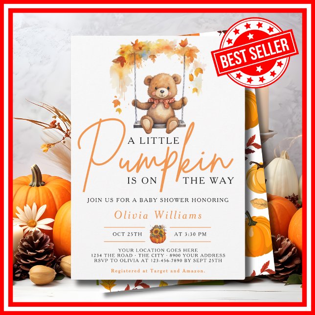 A Little Pumpkin Fall Autumn CUTE BEAR Baby Shower Invitation (A Little Pumpkin is on the Way Fall Autumn CUTE BEAR Baby Shower Invitation)