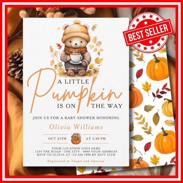 A Little Pumpkin Fall Autumn CUTE BEAR Baby Shower Invitation (Creator Uploaded)