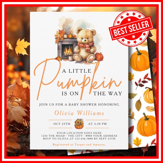A Little Pumpkin Fall Autumn CUTE BEAR Baby Shower Invitation (A Little Pumpkin is on the Way Fall Autumn CUTE BEAR Baby Shower Invitation)
