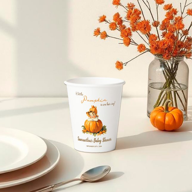 A Little Pumpkin Fall Autumn Cute Girl Baby Shower Paper Cups (Creator Uploaded)
