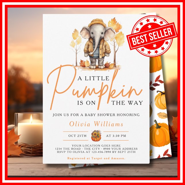 A Little Pumpkin Fall Autumn ELEPHANT Baby Shower Invitation (A Little Pumpkin is on the Way Fall Autumn CUTE ELEPHANT Baby Shower Invitation)