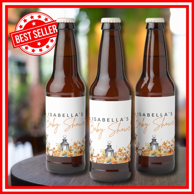 A Little Pumpkin Fall Autumn Floral Baby Shower Beer Bottle Label (A Little Pumpkin is on the Way Fall Autumn Floral Baby Shower Beer Bottle Labels )
