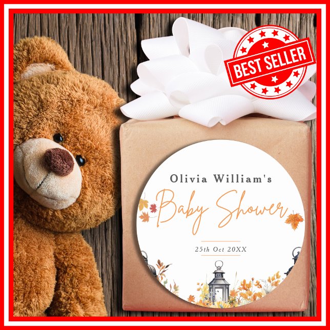 A Little Pumpkin Fall Autumn Floral Baby Shower Classic Round Sticker (A Little Pumpkin is on the Way Fall Autumn Floral Baby Shower Classic Round Sticker)