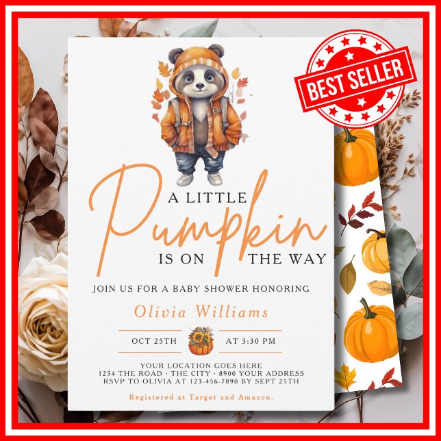 A Little Pumpkin Fall Autumn PANDA Baby Shower Invitation (A Little Pumpkin is on the Way Fall Autumn CUTE PANDA Baby Shower Invitation)