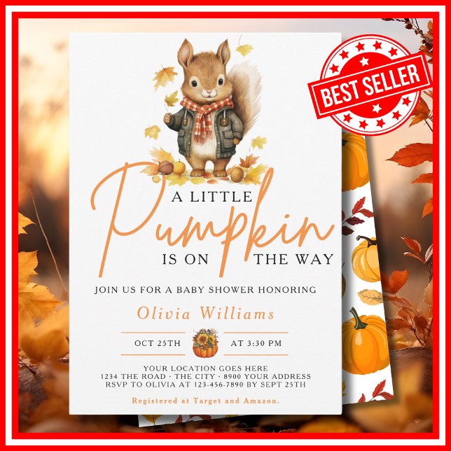 A Little Pumpkin Fall Autumn SQUIRREL Baby Shower Invitation (A Little Pumpkin is on the Way Fall Autumn Squirrel Baby Shower Invitation)