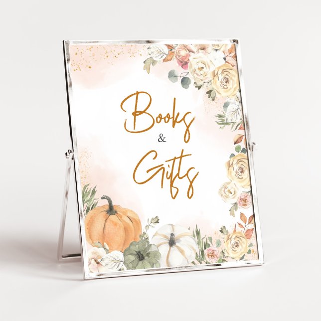 A Little Pumpkin Fall Baby Shower Books and Gifts Poster (Fall Floral Pumpkin Baby Shower Books and Gifts Sign)
