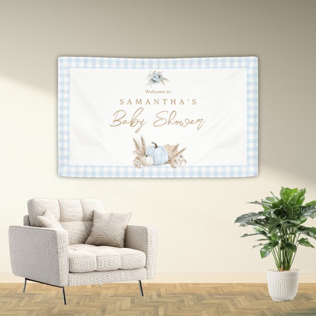 A Little Pumpkin Fall Blue Gingham Boy Baby Shower Banner (A Little Pumpkin Blue Gingham Baby Shower Banner)