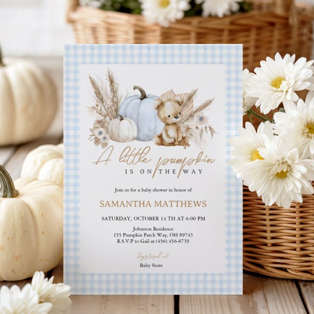 A Little Pumpkin Fall Blue Gingham Boy Baby Shower Invitation (A Little Pumpkin Fall Blue Gingham Boy Baby Shower Invitation)