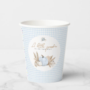 A Little Pumpkin Fall Blue Gingham Boy Baby Shower Paper Cups