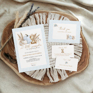 A Little Pumpkin Fall Blue Gingham Thank You Card