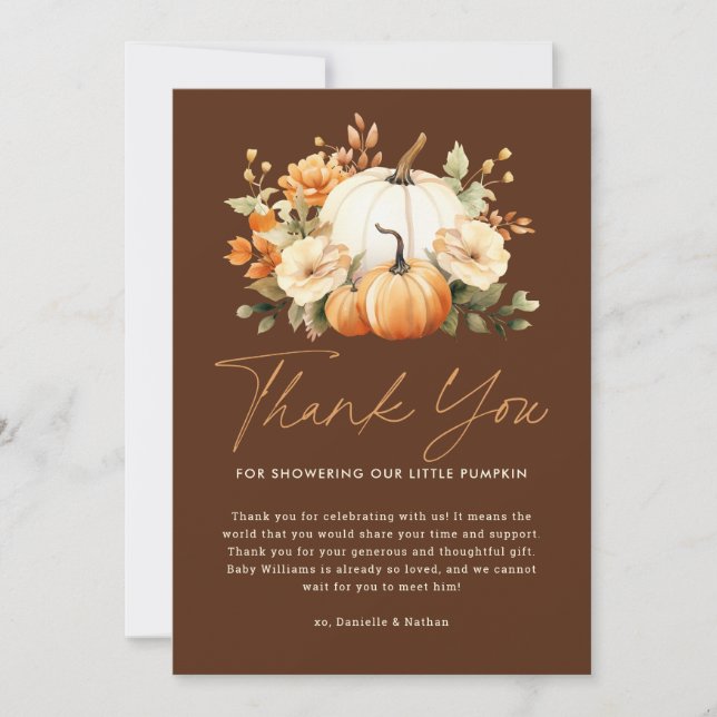 A Little Pumpkin Fall Floral Baby Shower Thank You Card (Front)