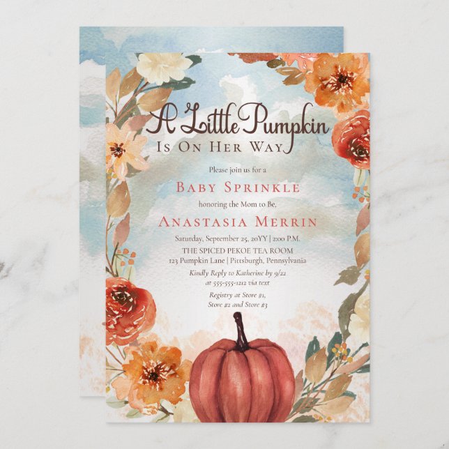 A Little Pumpkin | Fall Floral Girl Baby Sprinkle Invitation (Front/Back)