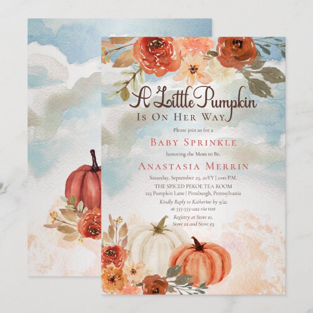 A Little Pumpkin | Fall Floral Girl Baby Sprinkle Invitation (Front/Back)