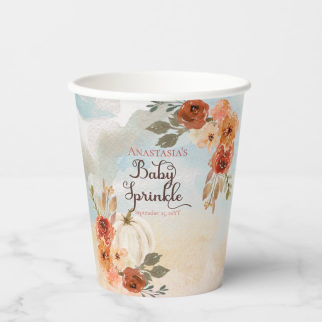 A Little Pumpkin | Fall Floral Girl Baby Sprinkle Paper Cups (Front)
