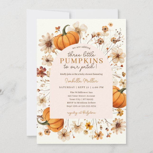 A Little Pumpkin Fall Floral Triplets Baby Shower Invitation (Front)