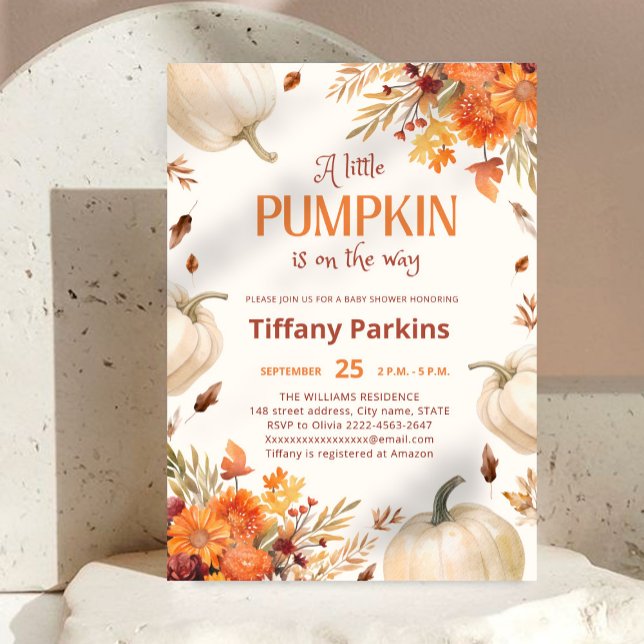 A Little Pumpkin Fall flower Baby Shower Invitatio Invitation (Little pumpkin is on the way 🎃 Cozy fall baby shower invite with autumn florals 🍂✨)