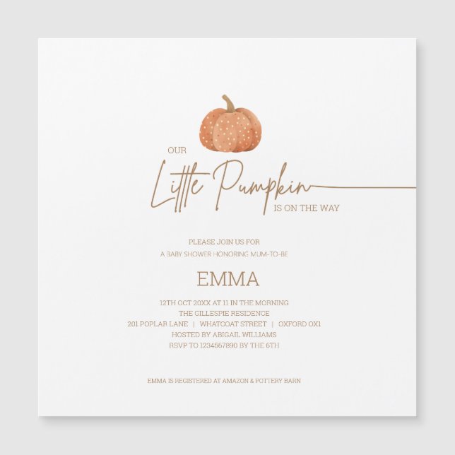 A Little Pumpkin Fall Gender Neutral Baby Shower  Magnetic Invitation (Front)