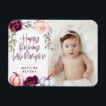 A little pumpkin fall purple peach birthday photo magnet<br><div class="desc">Floral and pumpkin fall birthday party magnet in purple and peach. With beautiful watercolor floral,  foliage and pumpkin design. Ideal fall/autumn design. Ideal for fall birthdays.</div>