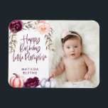 A little pumpkin fall purple peach birthday photo magnet<br><div class="desc">Floral and pumpkin fall birthday party magnet in purple and peach. With beautiful watercolor floral,  foliage and pumpkin design. Ideal fall/autumn design. Ideal for fall birthdays.</div>