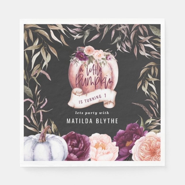 A little pumpkin floral fall 1st birthday party napkin (Front)