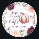 A little pumpkin floral fall birthday party  classic round sticker<br><div class="desc">Floral and pumpkin fall birthday party decor stickers in purple,  green and peach. With beautiful watercolor floral,  foliage and pumpkin design. Ideal fall/autumn design. Ideal for fall birthdays.</div>