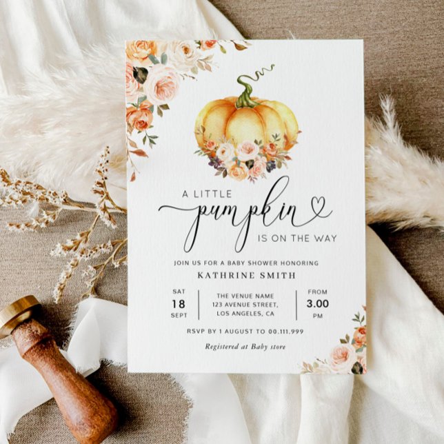 A little pumpkin gold blush floral baby shower  invitation (Creator Uploaded)
