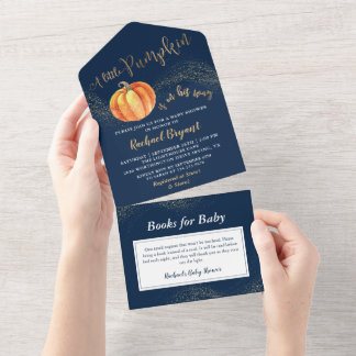 A little Pumpkin Gold Navy Blue Baby Shower All In One Invitation
