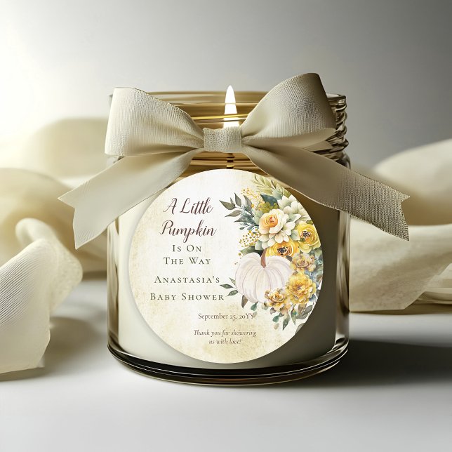 A Little Pumpkin Harvest Gold Floral Baby Shower Classic Round Sticker ("A Little Pumpkin Is On The Way" White Pumpkin and Gold Floral Baby Shower Favor Round Stickers)