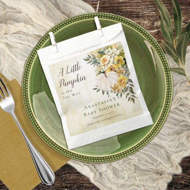 A Little Pumpkin Harvest Gold Floral Baby Shower Favour Bags ("A Little Pumpkin Is On The Way" White Pumpkin and Yellow Fall Floral Baby Shower Favor Bags)
