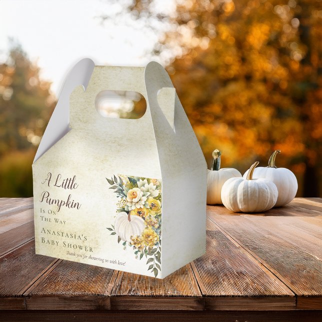 A Little Pumpkin Harvest Gold Floral Baby Shower Favour Box ("A Little Pumpkin" White Pumpkin and Gold Floral Baby Shower Gabled Favor Box)