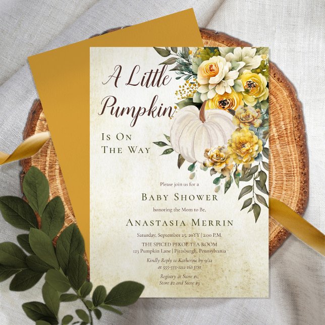 A Little Pumpkin Harvest Gold Floral Baby Shower Invitation (Boho chic elegant fall / autumn "A Little Pumpkin" gender neutral Baby Shower Invitation)